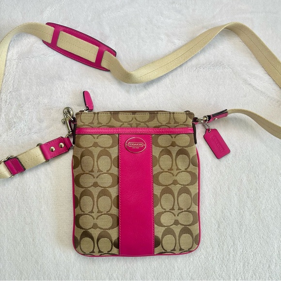 Coach Handbags - Authentic Coach Legacy Signature Swing Pack Crossbody Purse Side Bag Tan & Pink